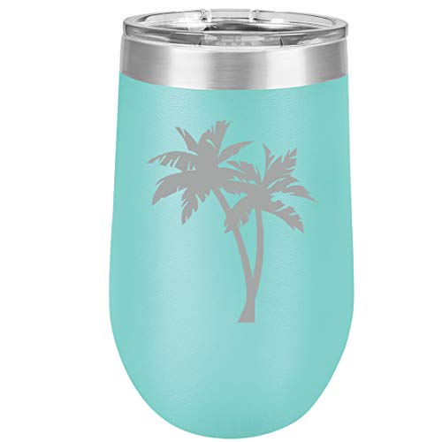 16 oz Double Wall Vacuum Insulated Stainless Steel Stemless Wine Tumbler Glass Coffee Travel Mug With Lid Palm Trees (Teal)