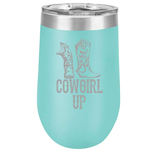 16 oz Double Wall Vacuum Insulated Stainless Steel Stemless Wine Tumbler Glass Coffee Travel Mug With Lid Cowgirl Up Boots (Teal)