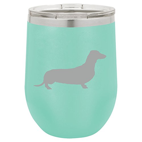 12 oz Double Wall Vacuum Insulated Stainless Steel Stemless Wine Tumbler Glass Coffee Travel Mug With Lid Dachshund (Teal)