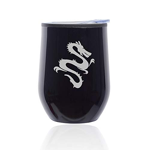 Stemless Wine Tumbler Coffee Travel Mug Glass With Lid Dragon (Midnight Black)