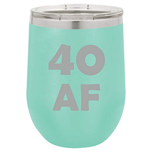 12 oz Double Wall Vacuum Insulated Stainless Steel Stemless Wine Tumbler Glass Coffee Travel Mug With Lid 40 AF 40th Birthday Funny (Teal)