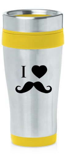 Yellow 16oz Insulated Stainless Steel Travel Mug Z1097 I Love Mustache