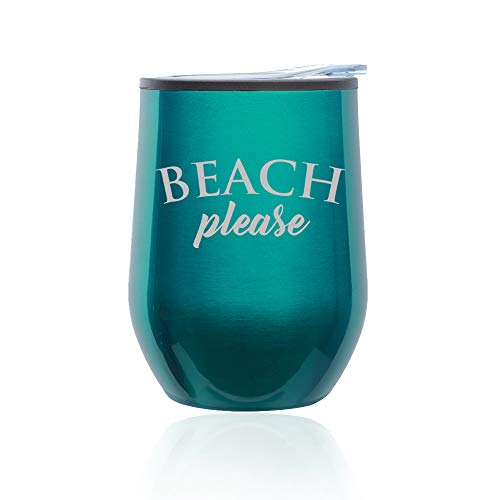 Stemless Wine Tumbler Coffee Travel Mug Glass With Lid Beach Please (Turquoise Teal)