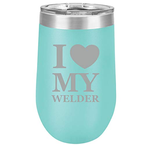 16 oz Double Wall Vacuum Insulated Stainless Steel Stemless Wine Tumbler Glass Coffee Travel Mug With Lid I Heart Love My Welder (Teal)