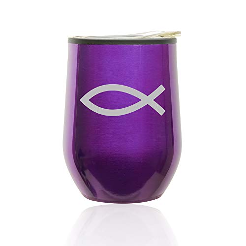 Stemless Wine Tumbler Coffee Travel Mug Glass With Lid Christian Fish Symbol (Royal Purple)