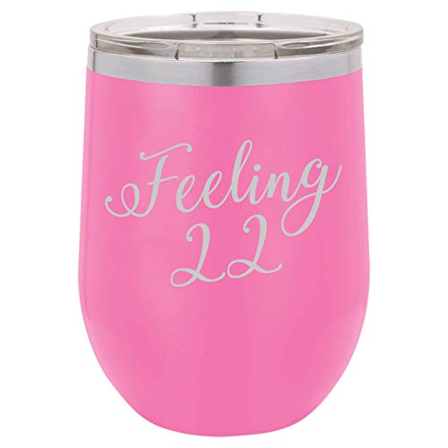 12 oz Double Wall Vacuum Insulated Stainless Steel Stemless Wine Tumbler Glass Coffee Travel Mug With Lid Feeling 22 22nd Birthday (Hot Pink)