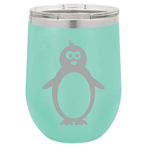 12 oz Double Wall Vacuum Insulated Stainless Steel Stemless Wine Tumbler Glass Coffee Travel Mug With Lid Penguin (Teal)