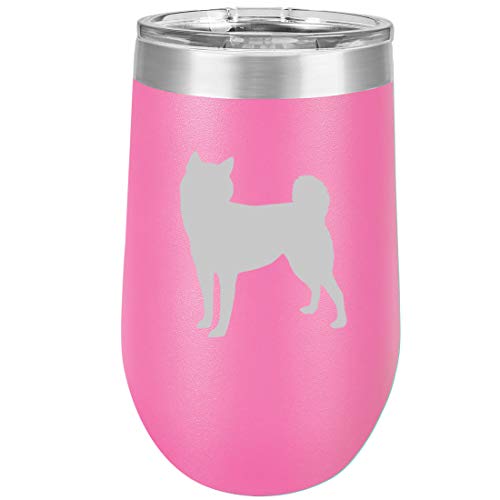 16 oz Double Wall Vacuum Insulated Stainless Steel Stemless Wine Tumbler Glass Coffee Travel Mug With Lid Shiba Inu (Hot Pink)