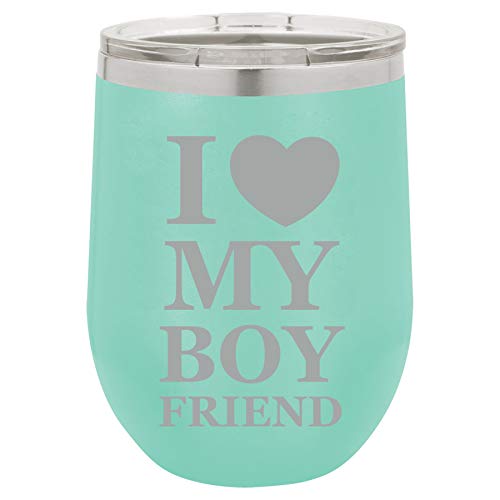 12 oz Double Wall Vacuum Insulated Stainless Steel Stemless Wine Tumbler Glass Coffee Travel Mug With Lid I Love My Boyfriend (Teal)