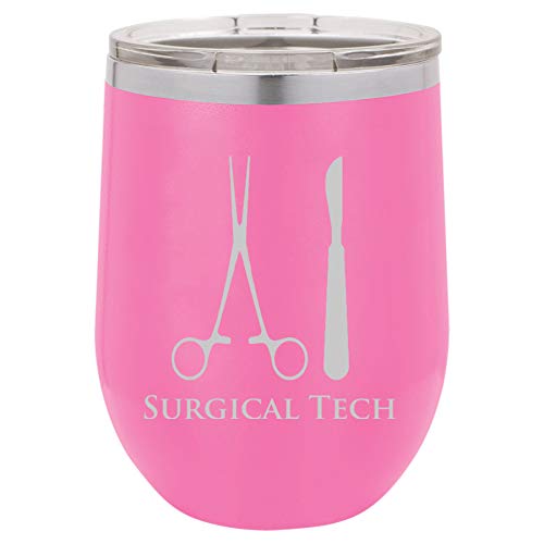 12 oz Double Wall Vacuum Insulated Stainless Steel Stemless Wine Tumbler Glass Coffee Travel Mug With Lid Surgical Tech (Hot Pink)
