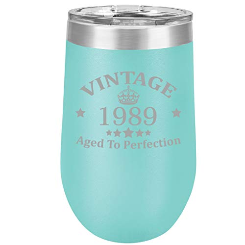 16 oz Double Wall Vacuum Insulated Stainless Steel Stemless Wine Tumbler Glass Coffee Travel Mug With Lid Vintage Aged To Perfection 1989 30th Birthday (Teal)