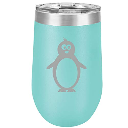 16 oz Double Wall Vacuum Insulated Stainless Steel Stemless Wine Tumbler Glass Coffee Travel Mug With Lid Penguin (Teal)