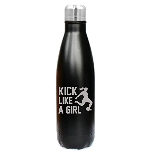 17 oz. Double Wall Vacuum Insulated Stainless Steel Water Bottle Travel Mug Cup Kick Like A Girl Soccer (Black)