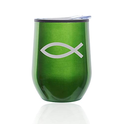 Stemless Wine Tumbler Coffee Travel Mug Glass With Lid Christian Fish Symbol (Green)