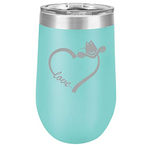 16 oz Double Wall Vacuum Insulated Stainless Steel Stemless Wine Tumbler Glass Coffee Travel Mug With Lid Love Heart Country Cowgirl (Teal)