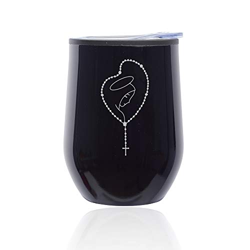 Stemless Wine Tumbler Coffee Travel Mug Glass With Lid Rosary Mary (Midnight Black)