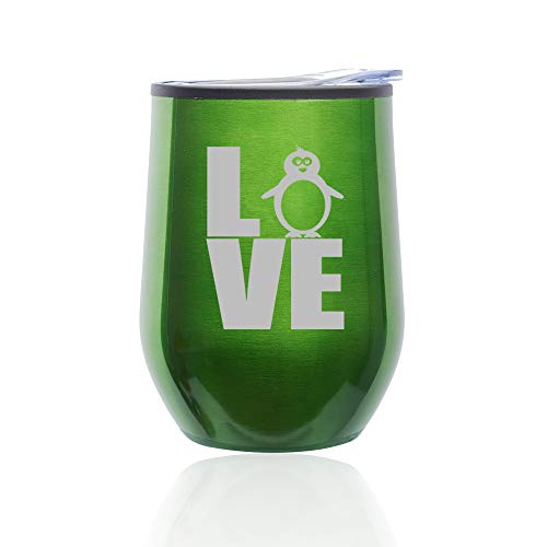 Stemless Wine Tumbler Coffee Travel Mug Glass With Lid Love Penguin (Green)