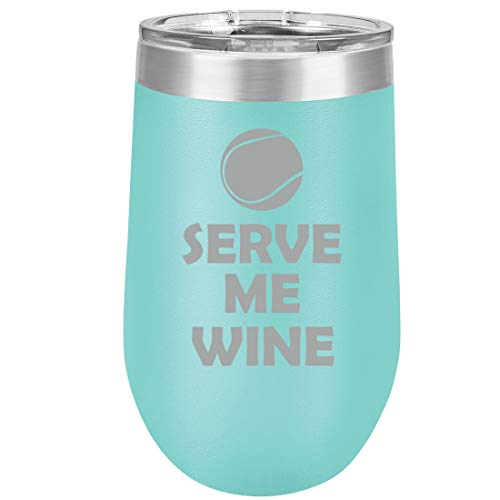 16 oz Double Wall Vacuum Insulated Stainless Steel Stemless Wine Tumbler Glass Coffee Travel Mug With Lid Tennis Serve Me Wine (Teal)