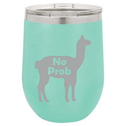 12 oz Double Wall Vacuum Insulated Stainless Steel Stemless Wine Tumbler Glass Coffee Travel Mug With Lid No Prob Llama Funny (Teal)