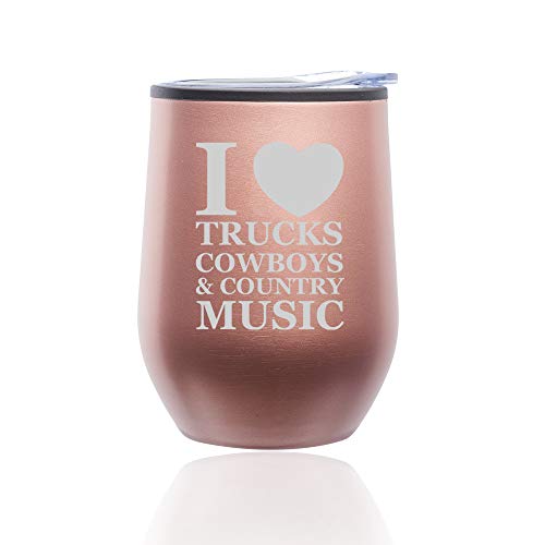 Stemless Wine Tumbler Coffee Travel Mug Glass With Lid Love Trucks Cowboys Country Music (Rose Gold)