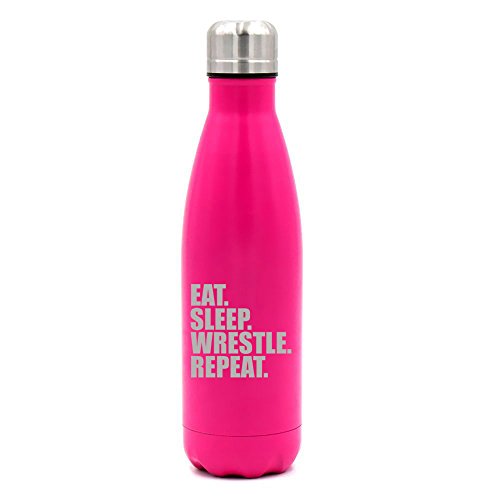 17 oz. Double Wall Vacuum Insulated Stainless Steel Water Bottle Travel Mug Cup Eat Sleep Wrestle Repeat (Pink)