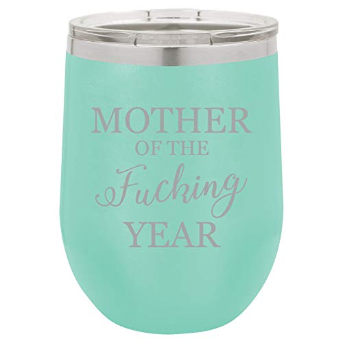 12 oz Double Wall Vacuum Insulated Stainless Steel Stemless Wine Tumbler Glass Coffee Travel Mug With Lid Mother Of The Fcking Year Funny Mom (Teal)