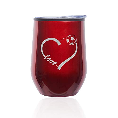 Stemless Wine Tumbler Coffee Travel Mug Glass With Lid Love Heart Soccer (Red)