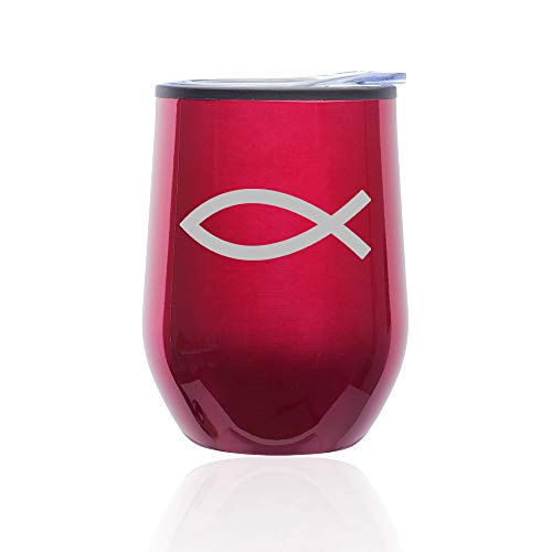 Stemless Wine Tumbler Coffee Travel Mug Glass With Lid Christian Fish Symbol (Fuchsia)