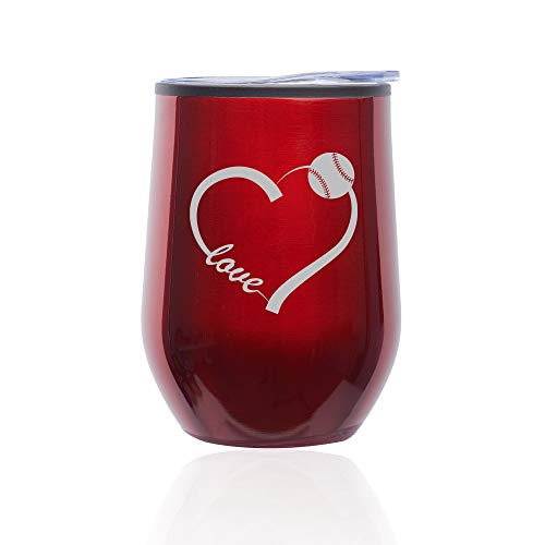 Stemless Wine Tumbler Coffee Travel Mug Glass With Lid Love Heart Baseball Softball (Red)