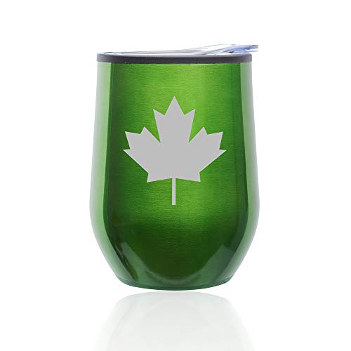 Stemless Wine Tumbler Coffee Travel Mug Glass With Lid Maple Leaf Canada (Green)