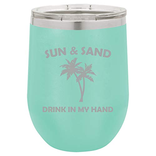 12 oz Double Wall Vacuum Insulated Stainless Steel Stemless Wine Tumbler Glass Coffee Travel Mug With Lid Sun And Sand Drink In My Hand Funny (Teal)