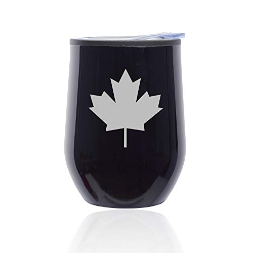 Stemless Wine Tumbler Coffee Travel Mug Glass With Lid Maple Leaf Canada (Midnight Black)