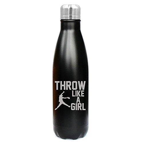 17 oz. Double Wall Vacuum Insulated Stainless Steel Water Bottle Travel Mug Cup Throw Like A Girl Softball (Black)