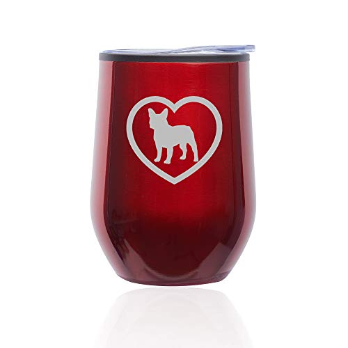 Stemless Wine Tumbler Coffee Travel Mug Glass With Lid French Bulldog Heart (Red)