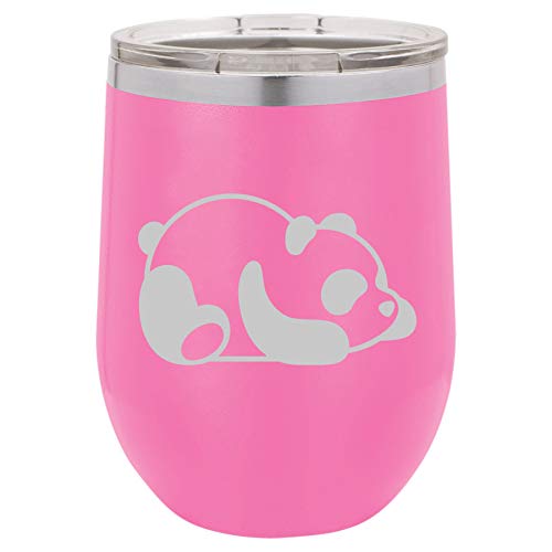 12 oz Double Wall Vacuum Insulated Stainless Steel Stemless Wine Tumbler Glass Coffee Travel Mug With Lid Lazy Panda (Hot-Pink)