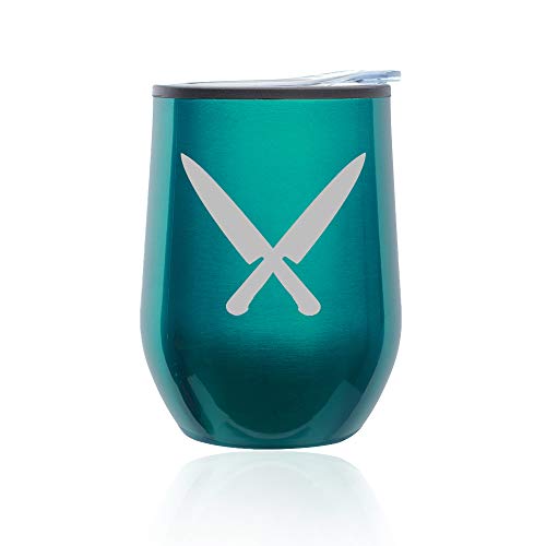 Stemless Wine Tumbler Coffee Travel Mug Glass With Lid Chef Knives (Turquoise Teal)