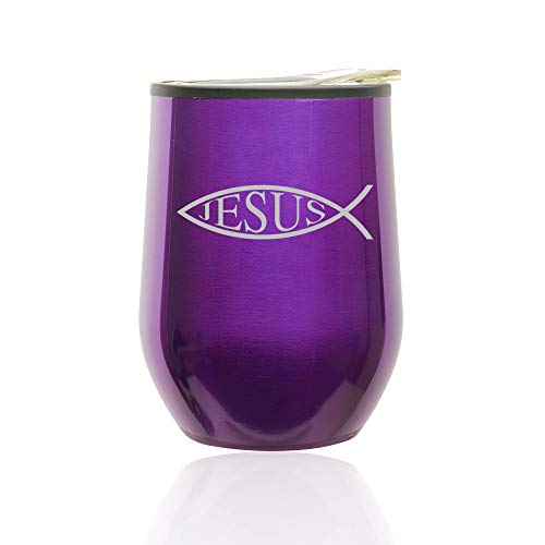 Stemless Wine Tumbler Coffee Travel Mug Glass With Lid Jesus Fish (Royal Purple)