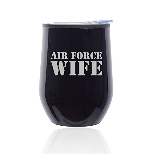 Stemless Wine Tumbler Coffee Travel Mug Glass With Lid Air Force Wife (Midnight Black)