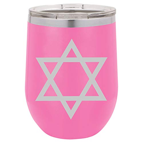 12 oz Double Wall Vacuum Insulated Stainless Steel Stemless Wine Tumbler Glass Coffee Travel Mug With Lid Jewish Star Of David (Hot-Pink)