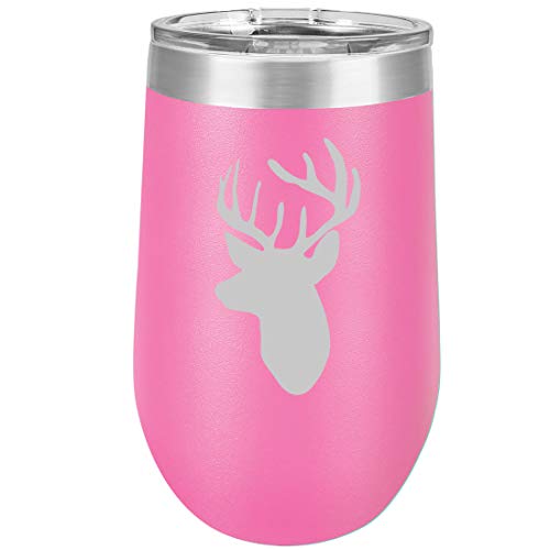 16 oz Double Wall Vacuum Insulated Stainless Steel Stemless Wine Tumbler Glass Coffee Travel Mug With Lid Deer Head With Antlers Hunting (Hot Pink)