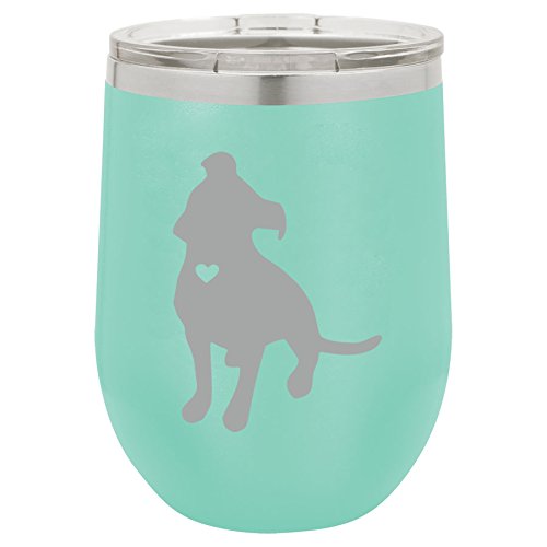 12 oz Double Wall Vacuum Insulated Stainless Steel Stemless Wine Tumbler Glass Coffee Travel Mug With Lid Cute Pit Bull With Heart (Teal)