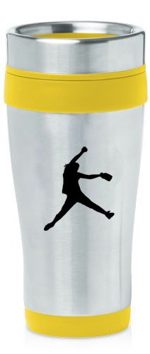 Yellow 16oz Insulated Stainless Steel Travel Mug Z961 Female Softball Pitcher