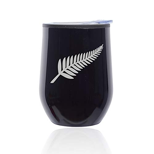 Stemless Wine Tumbler Coffee Travel Mug Glass With Lid New Zealand Silver Fern (Midnight Black)