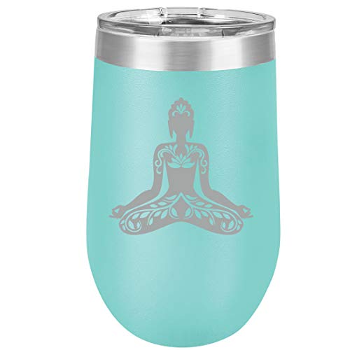 16 oz Double Wall Vacuum Insulated Stainless Steel Stemless Wine Tumbler Glass Coffee Travel Mug With Lid Buddha Yoga Lotus (Teal)