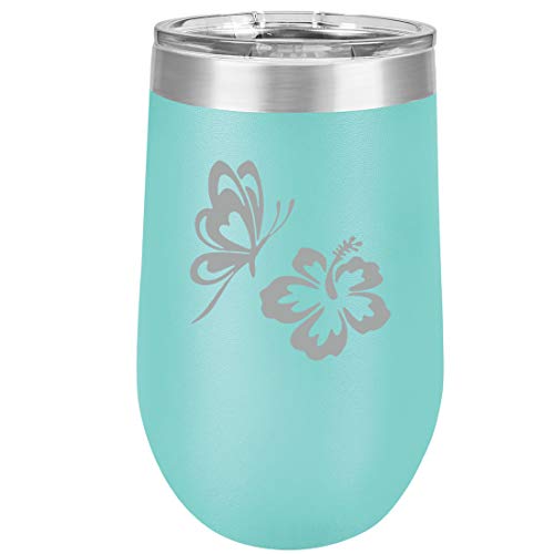 16 oz Double Wall Vacuum Insulated Stainless Steel Stemless Wine Tumbler Glass Coffee Travel Mug With Lid Butterfly And Hibiscus (Teal)