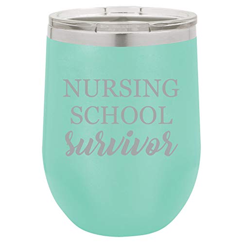 12 oz Double Wall Vacuum Insulated Stainless Steel Stemless Wine Tumbler Glass Coffee Travel Mug With Lid Nursing School Survivor Nurse Student Funny (Teal)