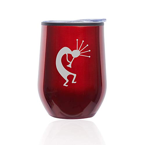 Stemless Wine Tumbler Coffee Travel Mug Glass With Lid Kokopelli (Red)