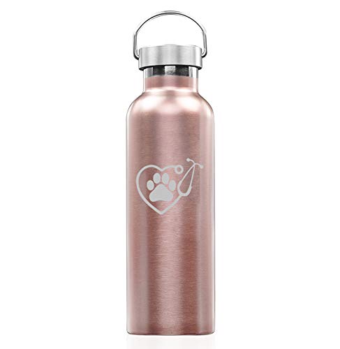 Rose Gold Double Wall Vacuum Insulated Stainless Steel Tumbler Travel Mug Heart Stethoscope Vet Tech Veterinarian (25 oz Water Bottle)