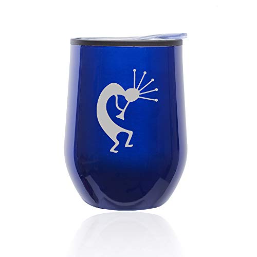 Stemless Wine Tumbler Coffee Travel Mug Glass With Lid Kokopelli (Blue)