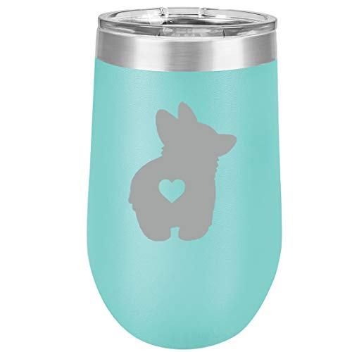 16 oz Double Wall Vacuum Insulated Stainless Steel Stemless Wine Tumbler Glass Coffee Travel Mug With Lid Corgi Butt (Teal)